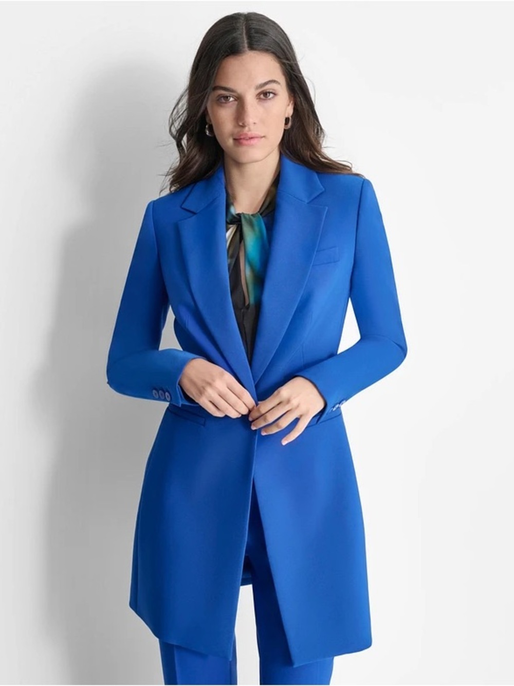 DKNY Royal Blue Single-Button Long Blazer